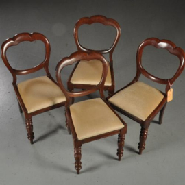 Antieke stoelen / Stel van 4 Victoriaanse eetkamerstoelen ca. 1850 in  mahonie met velours   (No.450219)