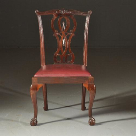 Antieke stoelen / Stel van 14 zware mahonie stoelen waarvan 2 met armleuningen ca. 1890 in roodbruinleer(No.520522)