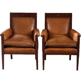 Antieke fauteuils / Stel van 2 art deco ±1900 zetels geheel gerestaureerd nieuw hand gepatineerd leer (No.441714)