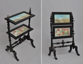 Antiek haardscherm / Etagère tafel met beschilderde panelen achter glas ca. 1875 (No.474304)