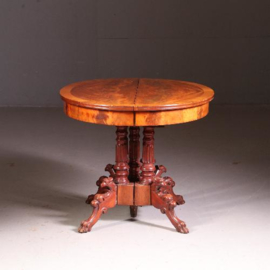 Antieke tafel / Coulissentafel voor 12 personen ovaal ca. 1870 in mahonie tot 3,25 m.  met 4 inlegbladen waarvan 1 in bloemmahonie (No.541751)