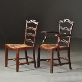 Antieke stoelen / stel van 8 mahonie ladderbacks vm Norman & Stacey 1910 bekleding naar wens (No.481843)