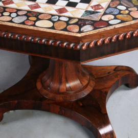 Antieke tafel / schaaktafel / centertable ca. 1840 met pietra dura blad op Palissander voet (No.640857)