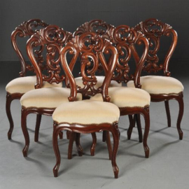 Antieke stoelen / 6 zware mahonie Willem III eetkamerstoelen ca. 1875 met crèmekleurige Velours (No.451954)