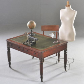 Antieke bureaus / Partnerschrijftafel klein model ca. 1850 met groen leer ingelegd (No.221835)