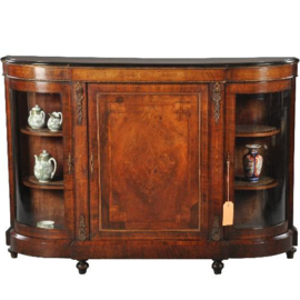 Antieke kast / Victoriaanse credenza ca. 1875 in notenhout met kwart ronde vitrines (No.390657)