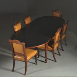 Antieke tafel / Mahoniehouten tafel 2.60 m lang met zwart leer ingelegd blad ca. 1950 (No.290622)