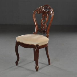 Antieke stoelen / 6 zware mahonie Willem III eetkamerstoelen ca. 1875 met crèmekleurige Velours (No.451954)