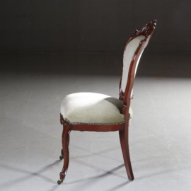 Antieke stoelen / Stel van 6 Willem III eetkamerstoelen ca. 1875 mahonie met lindegroen velours (No.592154)