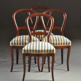 Antieke stoelen / Stel van 4 elegante Willem III stoelen ca. 1870 grijsblauwe / wit gestreept (No.440311)