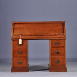 Antieke bureaus / Klein mahonie trommelbureau / rolluikbureau ca. 1880 met leer inleg (No.793291)