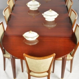 Antieke tafel / Breede Hollandse Louis Seize coulissentafel ca. 1800 in mahonie met 4 inlegbladen tot 3,12 m. lang (No.520644)