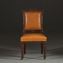 Antieke stoelen / Stel van 8 zware, hoge en brede eetkamerstoelen met bruin leer ca. 1870 (No.290628)