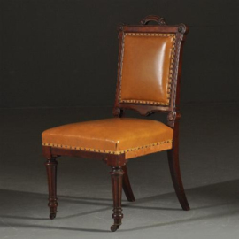 Antieke stoelen / Stel van 8 zware, hoge en brede eetkamerstoelen met bruin leer ca. 1870 (No.290628)