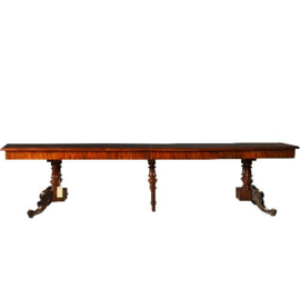 Antieke tafel /  Lange smalle coulissentafel( 90X318 )ca. 1875 in  bloemmahonie met patroon bladen   (No.141405)