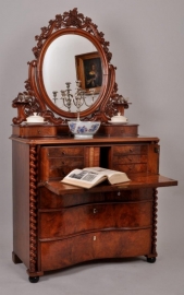 Antieke bureaus / Dames schrijfbureau met spiegelopstand mahonie en wortelnoten ca. 1870 (No.78321)
