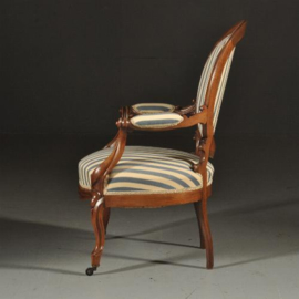 Antieke stoelen / Twee armstoelen Willem III ca. 1865 blauw/wit gestreept (No.380959)