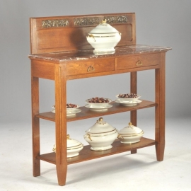Antieke kast / Frans art deco dessermeubel / sidetable in eikenhout ca. 1900 met rood/bruin marmer (No.501051)