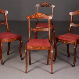 Antieke stoelen / Stel van 4 prachtig ingelegde Palissander Eetkamerstoelen ca. 1880 Engeland. (No.540342)