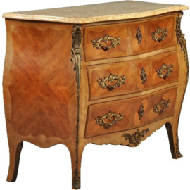 Antieke kast / Gebombeerde notenhouten commode ca. 1920 met rijk brons beslag en marmer blad.(No.430616)