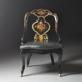 Antieke stoelen / Victoriaanse dames zetel ca. 1855 zwart lakwerk inlegd met parelmoer kussen in leer (No.300756)