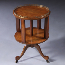 Ronde satijnhouten boekenmolen wijntafel met bronzen reling ca 1915 ingelegde biezen (No.222170)