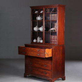 Antieke kast / Engelse servieskast / boekenkast 1850 met laden en een schrijfinterieur  in mahonie met bloemmahonie  (No.651513)