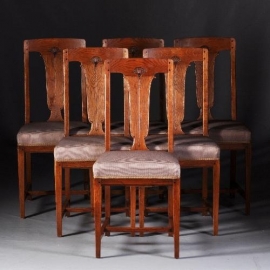 Art Noveau / Art Deco / Eetkamer Amsterdamse school 6 stoelen / kast / tafel in eiken met ebben en coromandel 8-delig (No.840394)