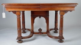 Antieke tafel / Coulissetafel met geparketeerd blad en prachtige inlegbladen  2,30 m. (No.8483)