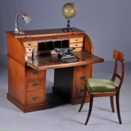 Antieke bureaus / Klein mahonie trommelbureau / rolluikbureau ca. 1880 met leer inleg (No.793291)