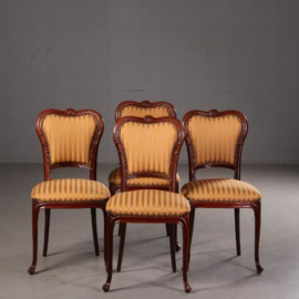 Antieke stoelen / Stel van 4 Hollandse Willem III stoelen met geel gestreepte stoffering op zitting en rug ca. 1870 mahonie  (No.541962)
