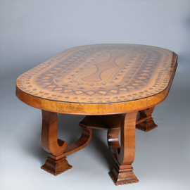 Art Deco ovale eetkamertafel feestelijk ingelegd met geometrische patronen ca 1925 (No.440540)
