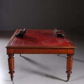 Antiek bureau / Partner Schrijftafel  ca. 1860 met 6 laden en rood goud gepreegd leer (No.781547)