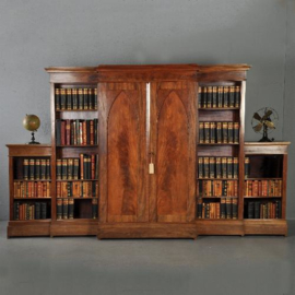 Antieke kast / Brede boekenkast deels gesloten Hollands ca. 1850 in mahonie met bleommahonie (No.312222)