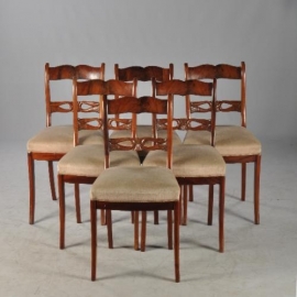 Antieke stoelen / stel van 6 Hollandse mahonie biedermeier stoelen met zwaantjes (No.770612)