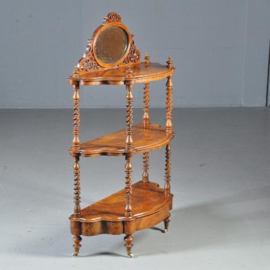 Antieke bijzettafels / Sprookjesachtige blikvanger  ca. 1860  notenhouten  etagère met spiegeltje en lade (No.422058)