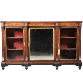 Antieke kast / Victoriaanse credenza ca. 1875 zwart gepolitoerd met noten accenten,  1 spiegeldeur en 2 vitrinedeuren (No.430621)