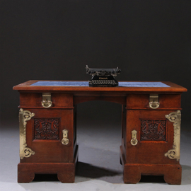 Art Nouveau Bureau met brons beslag en armstoel  incl stof en leer naar wens (No. 211115)
