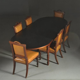 Antieke stoelen / Stel van 8 zware, hoge en brede eetkamerstoelen met bruin leer ca. 1870 (No.290628)