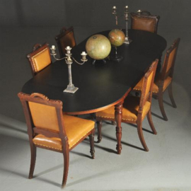 Antieke tafel / Mahoniehouten tafel 2.60 m lang met zwart leer ingelegd blad ca. 1950 (No.290622)