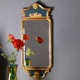 Antieke spiegel / Markante goudkleurige rechthoekige spiegellijst ca. 1920 met facet en blauwe accenten(No.762427)