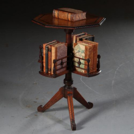 Antieke bijzettafels / wijntafels / 8-kantige boekenmolen in noten met ebbenhout ca. 1885 draaibaar (No.542441)