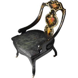 Antieke stoelen / Victoriaanse dames zetel ca. 1855 zwart lakwerk inlegd met parelmoer kussen in leer (No.300756)