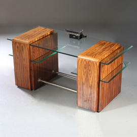 Bureau in palissander met glazen werkblad laat Art Deco ca 1950 met 6 laden (No.953010)