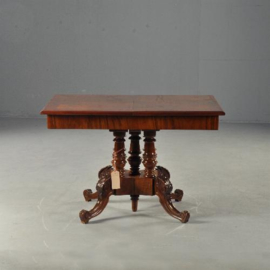 Antieke tafel /  Lange smalle coulissentafel( 90X318 )ca. 1875 in  bloemmahonie met patroon bladen   (No.141405)