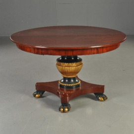 Antieke tafel / Ronde mahonie coulissentafel gepolychromeerd in goud en groen ca. 1820 (No.341625)