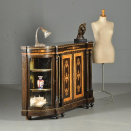 Antieke kast / Victoriaanse credenza ca. 1875 noten,  ebbenhout,  zuilen met spiegels en 2 kwartronde vitrines (No.391354)