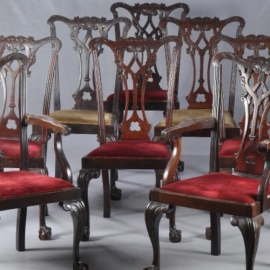 Antieke stoelen / Stel van 8 eetkamerstoelen waarvan 2 met armleuningen deels  1910 in mahonie incl. stof naar wens (No.811051)