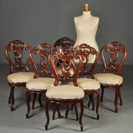 Antieke stoelen / 6 zware mahonie Willem III eetkamerstoelen ca. 1875 met crèmekleurige Velours (No.451954)