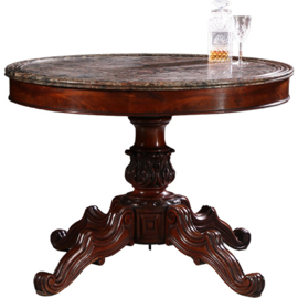 Antieke tafels / Center table / bijzettafel met terra/rose geaderd marmer blad ca 1860 in notenhout (No.880250)